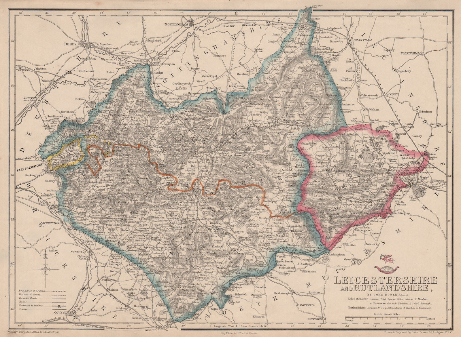 EAST MIDLANDS. Leicestershire & Rutlandshire. Railways Enclaves. DOWER 1863 map